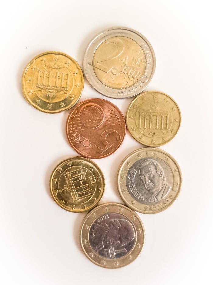 Diverse collection of Euro currency coins arranged in a flat lay on a white background.